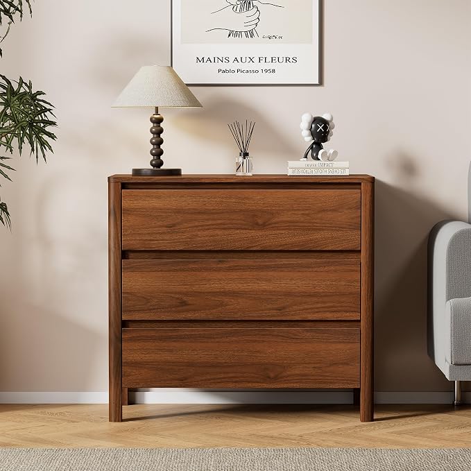 Furniway 31.5" Mid-Century Modern Dresser for Bedroom, 3 Drawer Small Chest of Drawers with Wood Legs, Large Storage Bedroom Dresser, Walnut