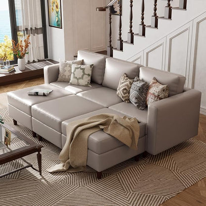ABCASA 91.5" Faux Leather Luxury Modular Sleeper Sofa Bed with Storage Seat, 6 Seat Sectional Couch Deep Seat with Reversible Chaises & Removable Cover for Living Room - Whitesand