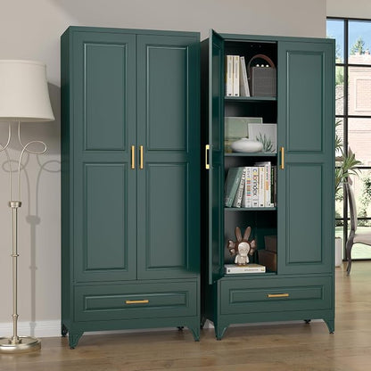 SteeLoong 75" Kitchen Pantry Cabinet with Drawer, Metal Storage Cabinets with Doors and 3 Adjustable Shelves,Green Kitchen Cabinet with 2 Gold Handles,Food Cupboard for Livingroom,Pantry, Bathroom