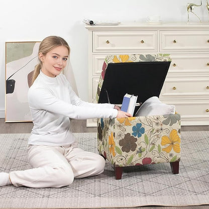 Adeco 18 Inch High Cube Ottoman Storage, Floral Printed Linen Chair Foot Stools, Upholstered Vanity Stool with Hinged Lid, Solid Wood Legs