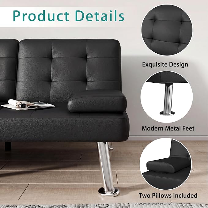 Flamaker Futon Sofa Bed Modern Folding Futon Set Convertible Recliner Lounge for Living Room with 2 Cup Holders, Removable Armrests (PU Leather, Black)