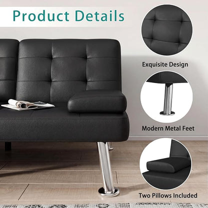 Flamaker Futon Sofa Bed Modern Folding Futon Set Convertible Recliner Lounge for Living Room with 2 Cup Holders, Removable Armrests (PU Leather, Black)
