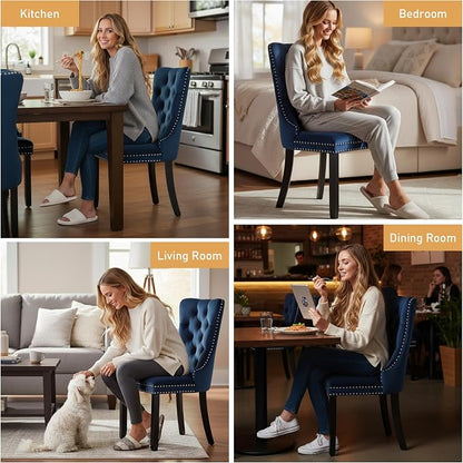 Mid Century Modern Dining Chair Set of 4 Velvet Upholstered Dining Accent Chair Farmhouse Dining Chairs with High Back and Nailhead Trim for Kitchen, Living Room, Bedroom (Blue)