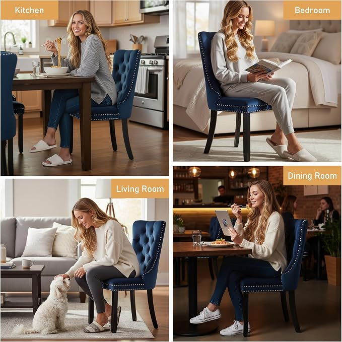 Mid Century Modern Dining Chair Set of 2 Velvet Upholstered Dining Accent Chair Farmhouse Dining Chairs with High Back and Nailhead Trim for Kitchen, Living Room, Bedroom (Blue)