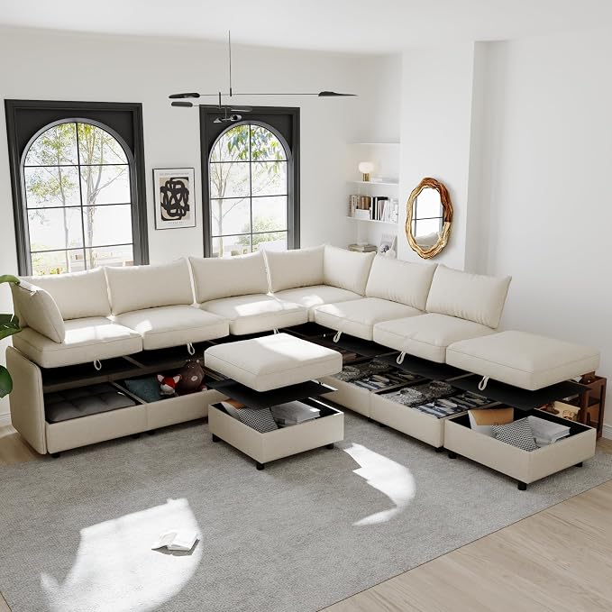 129-Inch Oversized 8 Seat Modular Cloud Sofa Deep Seat Storage Sectional Sofa Couch Free Combination W/Movable Ottomans,L/U Shaped Chenille Upholstered Convertible Sleeper Couch for Home Apartment