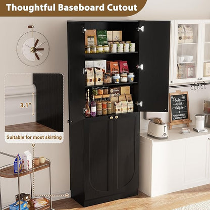 Cyclysio 80" Kitchen Pantry, Extra Tall Arch Storage Cabinet with 8 Soft Close Doors and Adjustable Shelves, Freestanding Wood Cupboard with Seamless Fit Wall for Dining Living Room Bathroom Furniture