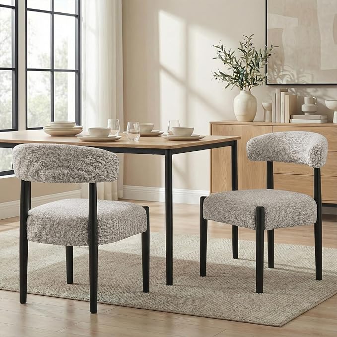 VKNOW Wooden Dining Chairs Set of 6 with Black Rubberwood Legs, Brown | Soft Chenille Fabric, Curved Open Back, Thickened Cushion, For Adults and Family, Dining Room, Kitchen, No Wobble