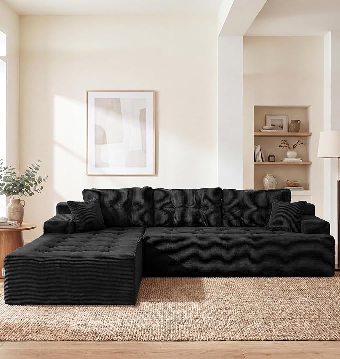 Hobestluk Modular Sectional Sofa Couches L-Shape Couch 3 Seat Modular Sofa Memory Foam Sectional Couches for Living Room, Cloud Couch with Oversized Chaise (Ebony Corduroy, 108", Left Hand Facing)