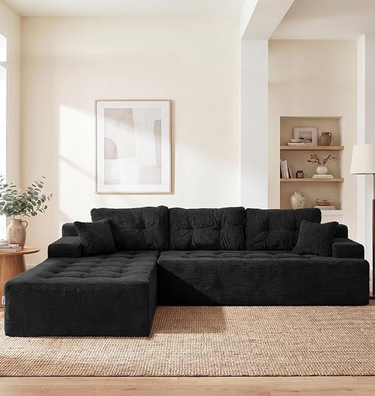 Hobestluk Modular Sectional Sofa Couches L-Shape Couch 3 Seat Modular Sofa Memory Foam Sectional Couches for Living Room, Cloud Couch with Oversized Chaise (Ebony Corduroy, 108", Left Hand Facing)