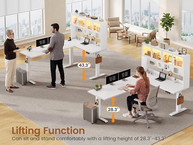 SEDETA 67" Standing L Shaped Gaming Desk, Office Computer Desk with Storage Hutch, Stand Up Corner Desk with Pegboard & Led Lights for Home Office, White