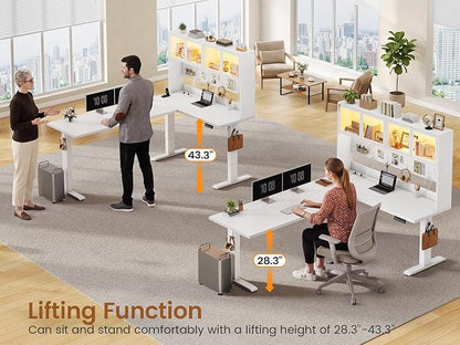 SEDETA 67" Standing L Shaped Gaming Desk, Office Computer Desk with Storage Hutch, Stand Up Corner Desk with Pegboard & Led Lights for Home Office, White