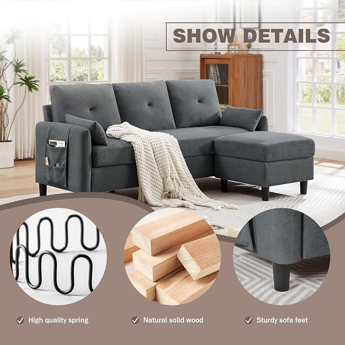 Convertible L-Shaped Sectional Sofa, 3-Seat Sofa Couches with Storage Ottoman & 2 Pillows and Side Storage Pockage, Small Modern Couch for Living Room, Apartment and Office, Dark Grey