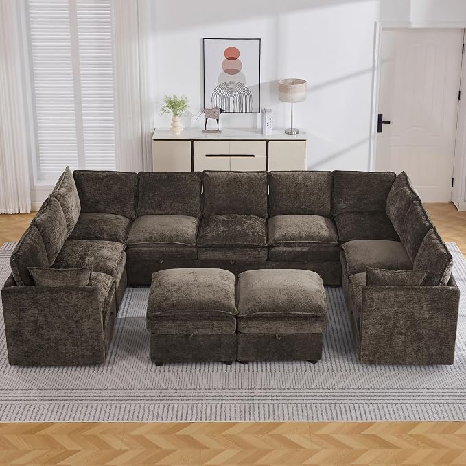 130" Brown Oversized Modular Storage Sofa, U Shaped Chenille Cloud Couch | Oversized Convertible Sectional Sofa, 9-Seat Sectional Couch With 2 Ottomans, Large Cloud Couch For Living Room, Apartment.