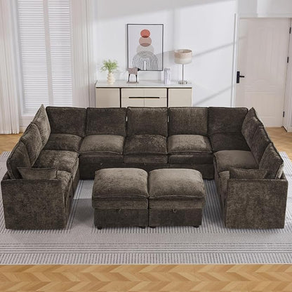 130" Brown Oversized Modular Storage Sofa, U Shaped Chenille Cloud Couch | Oversized Convertible Sectional Sofa, 9-Seat Sectional Couch With 2 Ottomans, Large Cloud Couch For Living Room, Apartment.