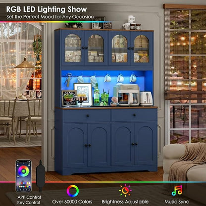 HIFIT 71" LED Kitchen Pantry Cabinet with Power Outlet, Large Kitchen Hutch Cabinet with 2 Storage Drawers & Arched Door, Countertop & Hooks, Tall China Bar for Dining Living Room (Blue)