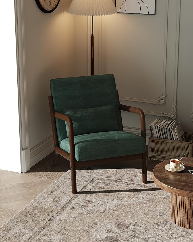 Garvee Mid-Century Modern Accent Chair, Chenille Upholstery, Solid Wood Armchair with Removable Lumbar Pillow, Sturdy Reading Chair for Living Room, Bedroom, Guest Room, Easy Assembly, Green
