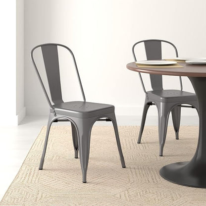 Amazon Basics Metal Dining Chairs, Easy to Assemble, Indoor/Outdoor, Stackable, 330-Pound Capacity, Dark Gray, 4-Pack, 20.1 x 17.1 x 33.5 inches