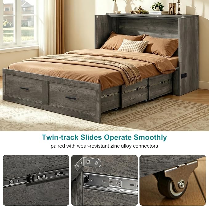 Murphy Bed Full Size Cabinet with Drawer Hidden Beds with Charging Station Farmhouse Wood Space-Saving Hidden Folding Chest Cabinet Bed for Bedroom, Office, School, Rustic Grey