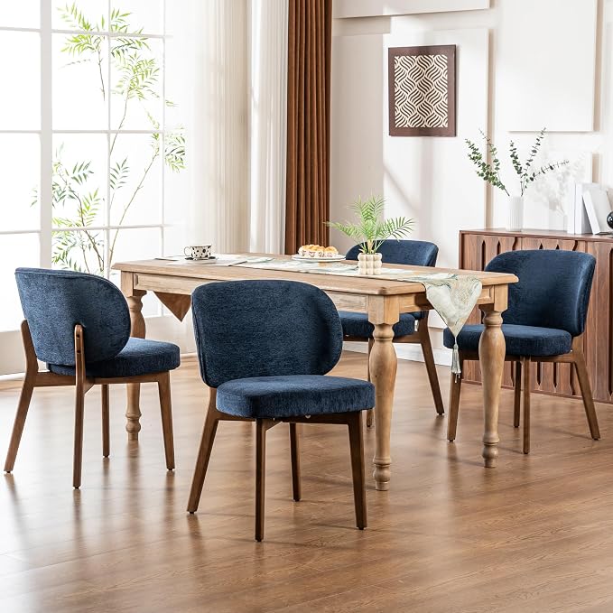 YOUNIKE Dining Chairs Set of 4 Modern Kitchen Dining Room Chairs Navy Blue | Chenille Fabric Upholstered Armless Side Accent Chair with Back Wide Padded Seat Wooden Leg, Soft, Breathable, Comfortable