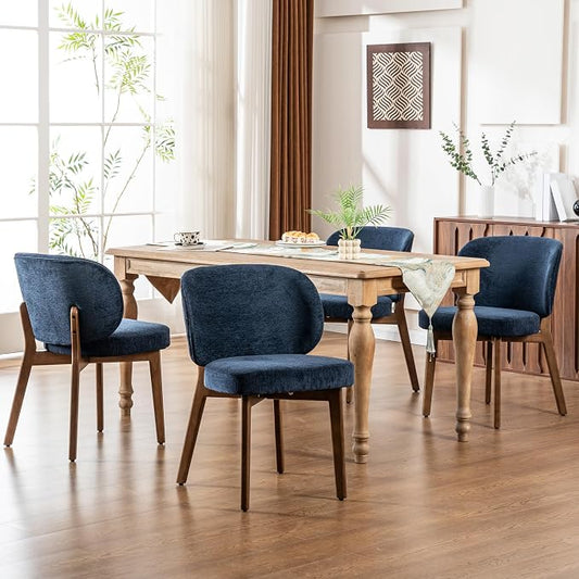 YOUNIKE Dining Chairs Set of 4 Modern Kitchen Dining Room Chairs Navy Blue | Chenille Fabric Upholstered Armless Side Accent Chair with Back Wide Padded Seat Wooden Leg, Soft, Breathable, Comfortable