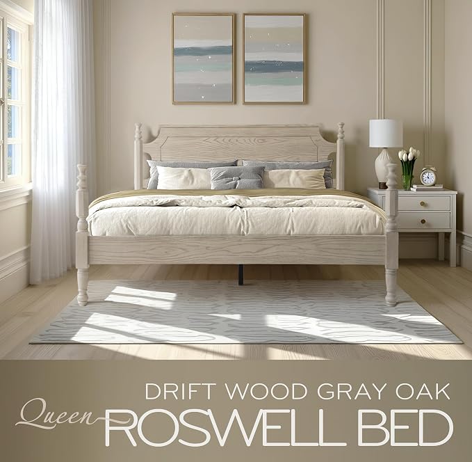 Solid Wood Queen Size Platform Bed Frame with Headboard & Footboard, Metal Legs, 12 Sturdy Slats, Easy Assembly, Anti-Slip & Noise-Free, No Box Spring Needed, Queen Size, Driftwood Gray Oak, ROQ-33