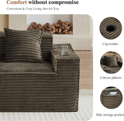 2 Pcs Living Room Cloud Sofa Set, Boneless Sofa Couches with Cup Holder and Side Pocket for Compact Living Rooms, Apartments (Brown, Single Chair and Loveseat)