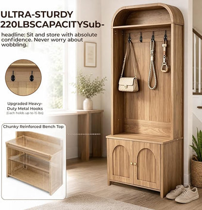 Narrow Entryway Hall Tree with Storage Bench, Modern Fluted Coat Rack and 2-Door Shoe Cabinet for Small Spaces, Arched Mudroom Organizer to Hide Clutter, Natural