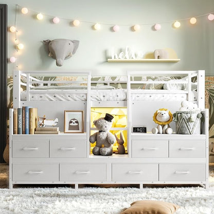 Bellemave Full Low Loft Bed,Metal Kids Loft Bed Frame for Boys Girls,White | Fabric Drawers,LED Lights,Storage Shelves,Under-bed Space,Space-saving