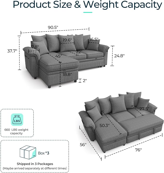 LINSY HOME 90.5'' Sectional Sleeper Sofa with Pull Out Couch Bed Modular (Gray, 90.5'') | USB Charging