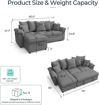 LINSY HOME 90.5'' Sectional Sleeper Sofa with Pull Out Couch Bed Modular (Gray, 90.5'') | USB Charging