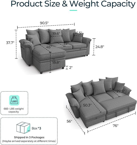 LINSY HOME 90.5'' Sectional Sleeper Sofa with Pull Out Couch Bed Modular (Gray, 90.5'') | USB Charging