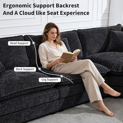 Oversized Modular Sectional Cloud Sofa: 114" V-Shaped Modular Cloud Couch, 5 Seater Comfy Couch with Ottomans and Pillows, Chenille Deep Seat Couch for Living Room,Bedroom,Apartment,Large Space, Black