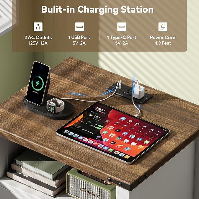 Decofy Farmhouse Nightstand Set of 2 with Charging Station, 18'' Wide Rustic End Table with USB/Type-C Ports, 2 Drawers & Open Shelf, Wood Bedside Table for Bedroom, White