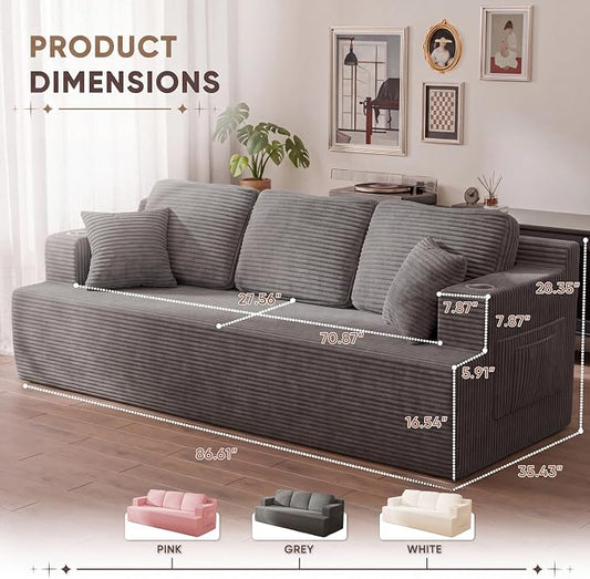 Homall 87” Boneless Sofa Couch with 2 Pillows Extra Deep Seats, Corduroy Fabric 3 Seater Sofa for Living Room with Cup Holder & Storage Pocket Upholstered Floor Sofa Easy Installation (Grey, 3 Seater)