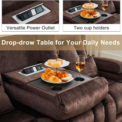URRED Power Loveseat Recliner Sofa with Massage and Heat, Wall Hugger Reclining Loveseat with Console, RV Couch Home Theater Seating with LED Lights for Living Room (Brown, 89.8" - 3 Seats)