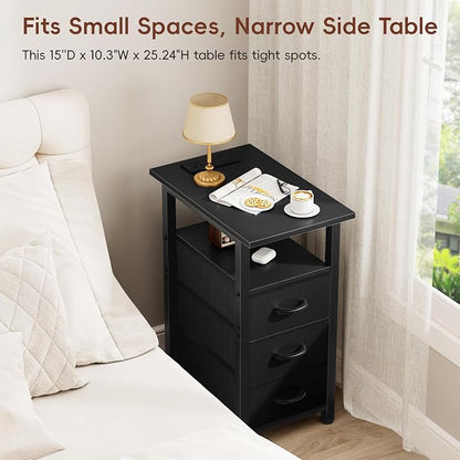 Vagusicc Black End Table with Charging Station Set of 2, Narrow Side Table, Narrow Nightstand with 3 Fabric Drawers, Slim Sofa Side Table for Small Spaces, Small Night Stand for Bedroom, Black