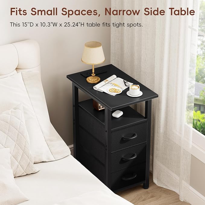 Vagusicc Black End Table with Charging Station, Narrow Side Table, 25.2'' Tall Narrow Nightstand with 3 Fabric Drawers, Slim Sofa Side Table for Small Spaces, Small Night Stand for Bedroom, Black