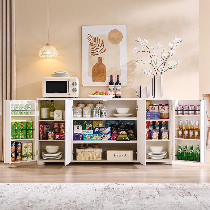 IFGET Curved Buffet Cabinet with Doors, 66" Large Sideboard Buffet Storage Cabinet with 4 Doors and Shleves, Modern Coffee Bar Station Wood Kitchen Table for Kitchen, Dining Room, White