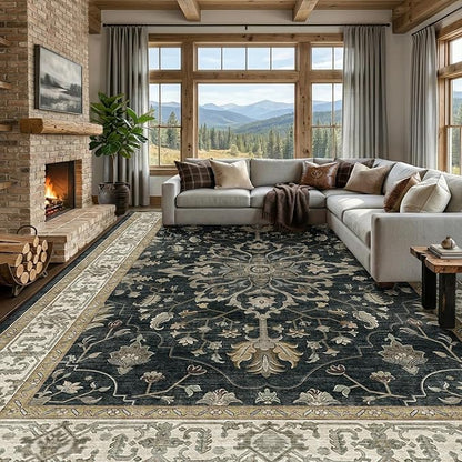 RELEANY Area Rugs Large 9'x12' Washable Non-Slip, Floral Vintage Distress Medallion Carpet for Living Room Bedroom Dining Room, Vintage Black Brown Neutral