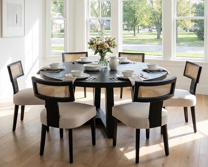 RIVOVA Rattan Dining Chairs Set of 2, Modern Dining Chairs Kitchen Dining Room Chair, Curved Cane Back Upholstered Linen Fabric Dining Chair with Black Wood Frame, Beige