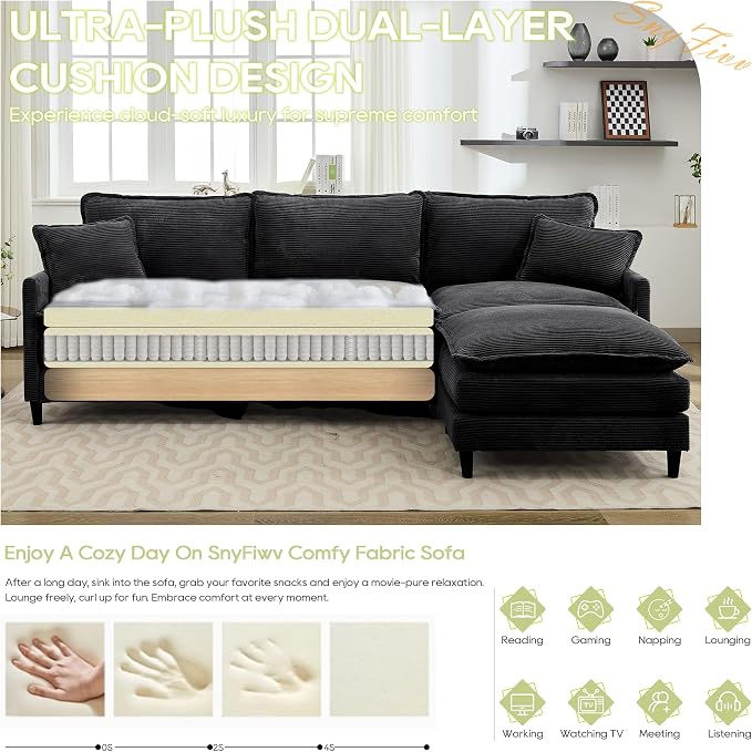 113" Chenille Modular Sectional Sofa, Convertible L Shaped Modular Sofa Comfy Cloud Couch with Ottoman, Side Pockets and 5 Throw Pillows for Living Room (Corduroy Black, 113'' - 4 Seat)