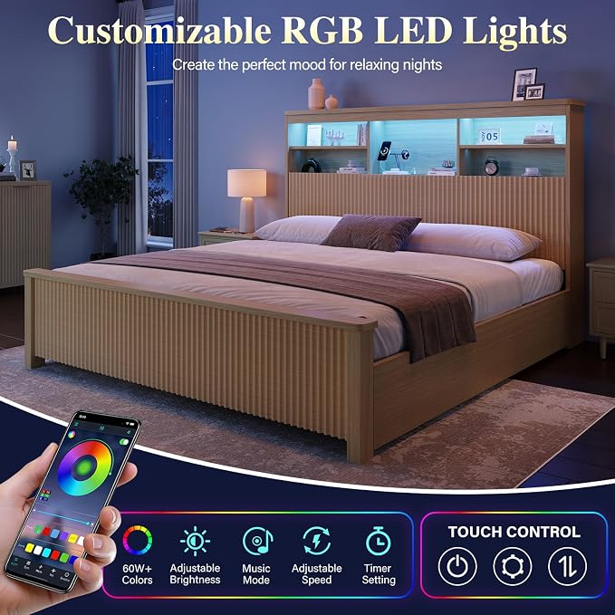 Queen Size Bed Frame and Tall Headboard & Storage, Metal Platform Bed Frame with 4 Storage Drawers, Queen Bed Frame with LED Lights & Charging Ports, No Box Spring Needed, Noise-Free, Natural