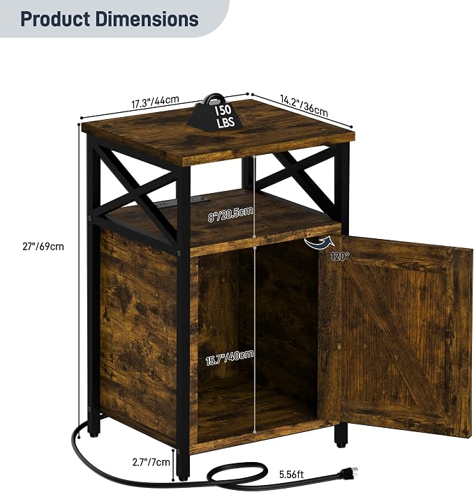 Night Stand Set 2, Bedroom Nightstands, Matching Bedside Table, Retro Brown | Lock and Charging Station, USB C Port, Large Lockable Storage Cabinet, End Tables with Door, Metal and Wood Bed Side Tables