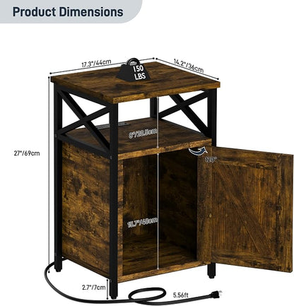 Night Stand Set 2, Bedroom Nightstands, Matching Bedside Table, Retro Brown | Lock and Charging Station, USB C Port, Large Lockable Storage Cabinet, End Tables with Door, Metal and Wood Bed Side Tables
