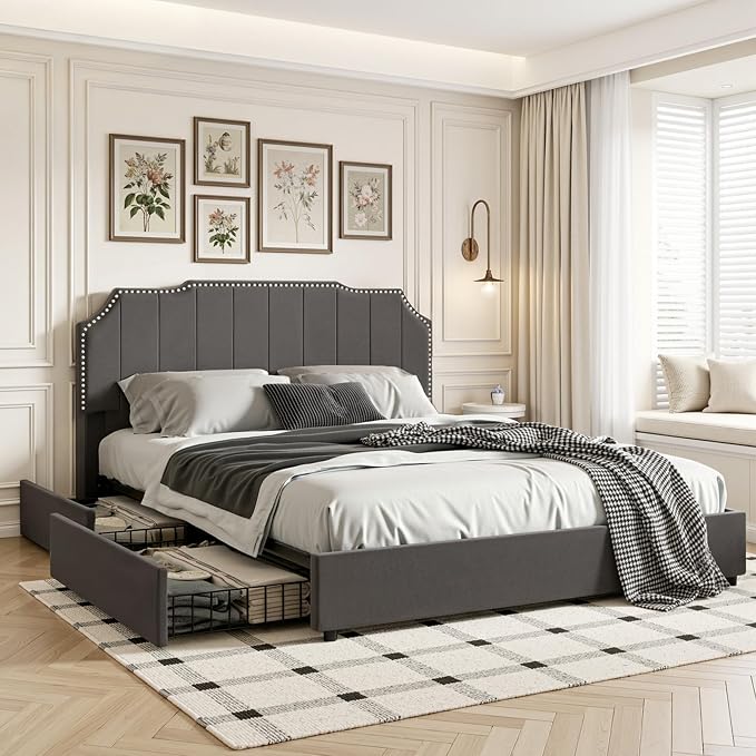 VECELO Queen Upholstered Platform Bed Frame with 4 Storage Drawers,Velvet Vintage Queen Bed with Nailhead Trim,Tufted Height Adjustable Headboard,Wooden Slats/No Box Spring Needed/Easy Assembly