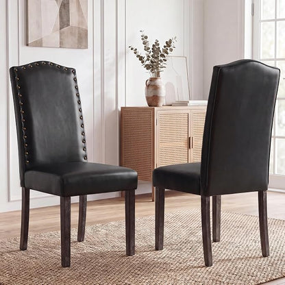 LSSBOUGHT PU Dining Chair Set of 2 Upholstered Parsons Kitchen Chair with Copper Nails and Solid Wood Legs for Dining Room,Restaurant(Black)