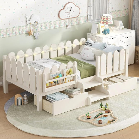 Bellemave Twin Montessori Bed with Stairs, Lights, Rails and Slats, Twin Size Montessori Floor Bed with Bookshelf and 2 Storage Drawers, Easy Assemble Beds Frame for Girls, Boys, Beige