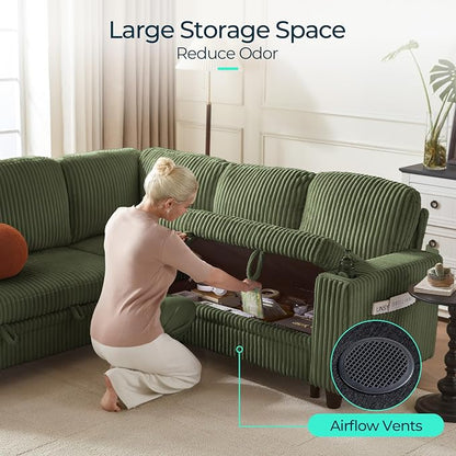 LINSY HOME Sectional Sleeper Sofa with Pull Out Couch Bed for Living Room (Green) | Plush Corduroy