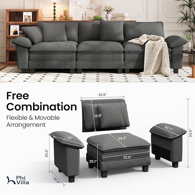 PHI VILLA Modular Couches Sets, 123.6" Cloud Sectional Sofa with Upholstered Deep Seat, 3-Seater Couch for Living Room Apartment, Corduroy Fabric, Grey