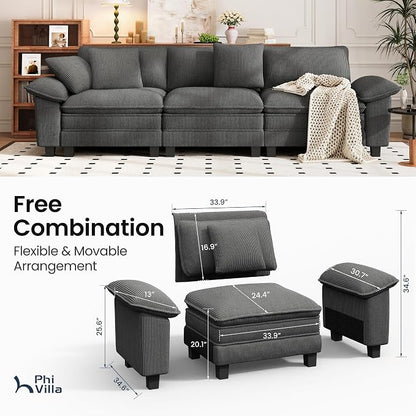 PHI VILLA Modular Couches Sets, 123.6" Cloud Sectional Sofa with Upholstered Deep Seat, 3-Seater Couch for Living Room Apartment, Corduroy Fabric, Grey